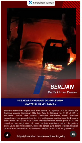 KEBAKARAN MELAHAP GARASI DAN GUDANG MATERIAL BANGUNAN DI WILAYAH KELURAHAN TAMAN